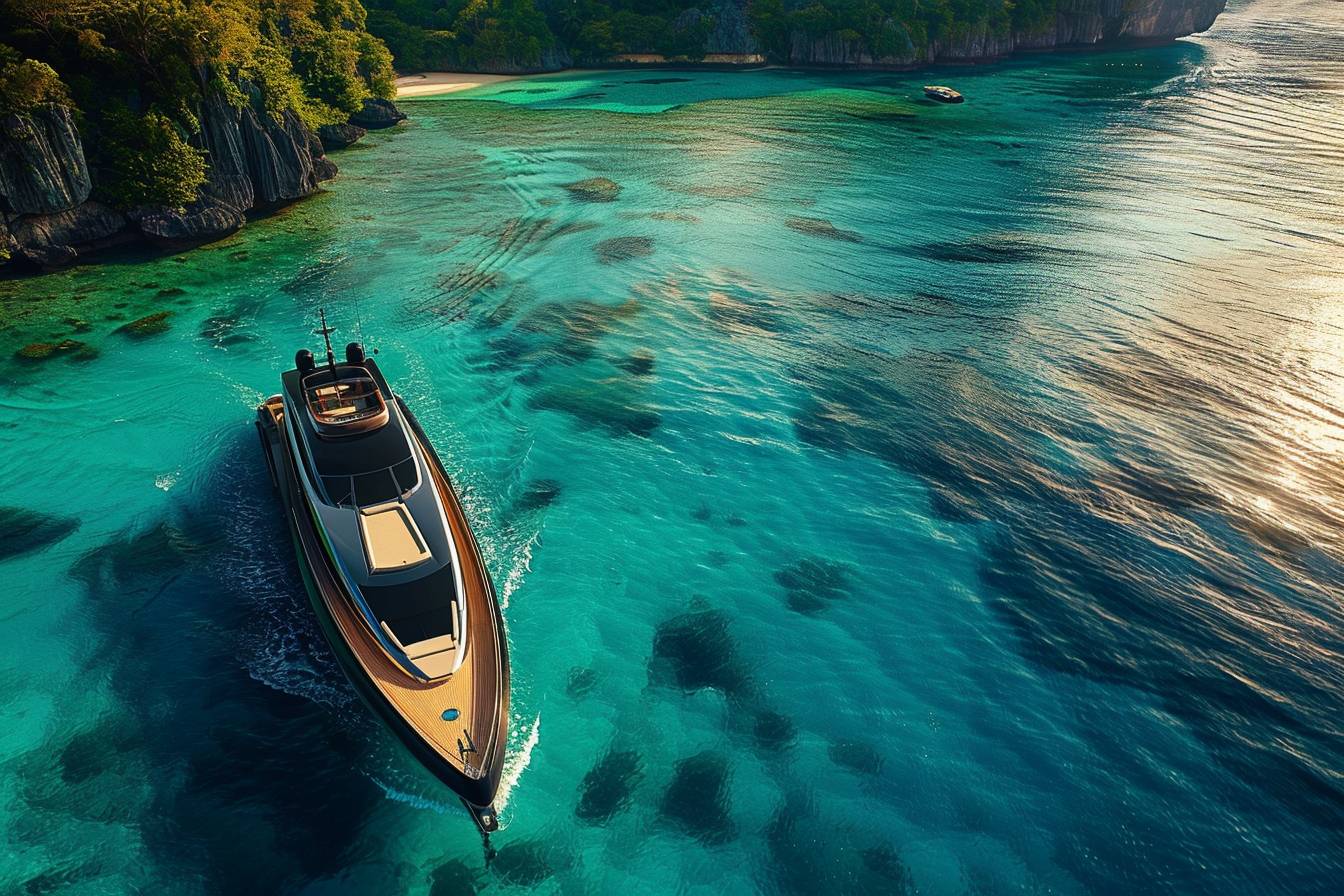 Bateau naviguant vers des paysages tropicaux en 2025