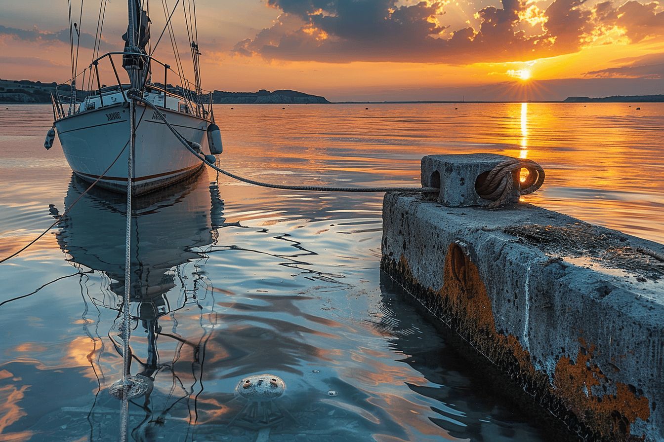 Bateau amarré avec soin au port calme  
Mouillage sécurisé d'un voilier sur l'eau tranquille
