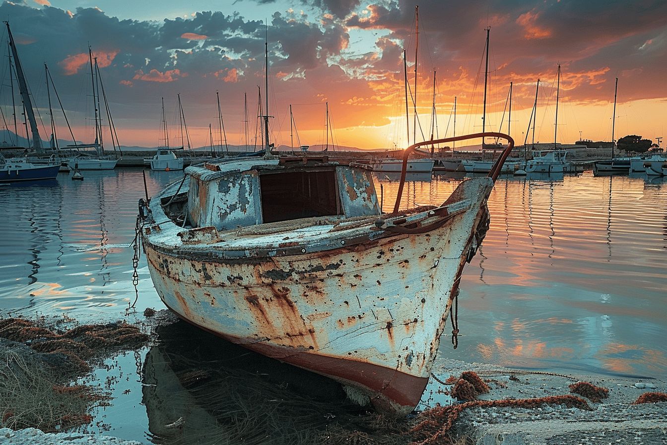 Bateaux oubliés aux couleurs fanées sur le rivage  
Vieux navires à l'abandon dans une lumière dorée